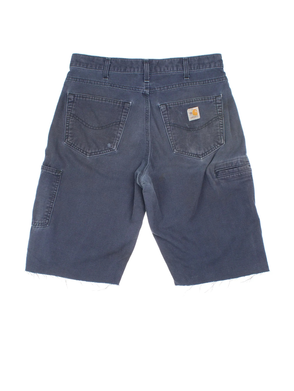 Carhartt Cut Off Shorts in blue colourway. Zip fly fastening with multiple pockets, frayed hem and embroidered branding on the back.