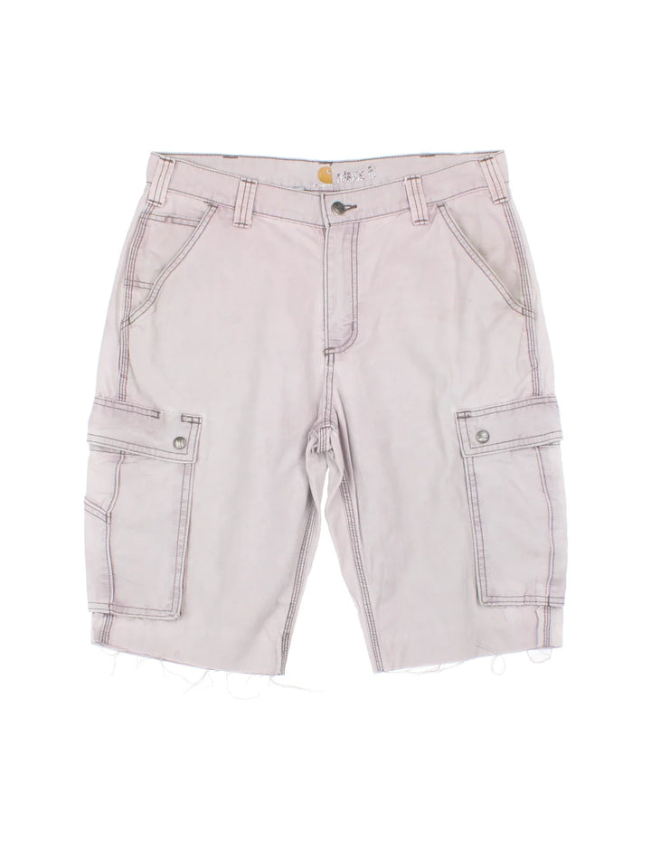 Carhartt Cut Off Cargo Shorts in grey colourway. Zip fly fastening with multiple pockets, frayed hem and embroidered branding on the back.