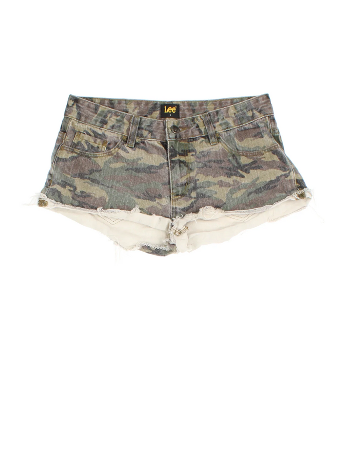 Lee Camo Denim Mini Shorts in green and brown colourway with pockets and the logo embroidered on the back.