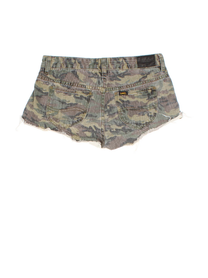 Lee Camo Denim Mini Shorts in green and brown colourway with pockets and the logo embroidered on the back.