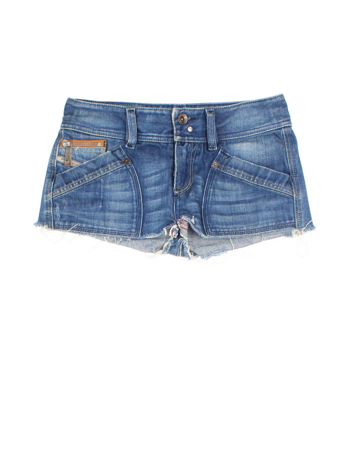 Y2K Diesel Denim Mini Shorts in blue colourway with pockets and the logo embroidered on the back.