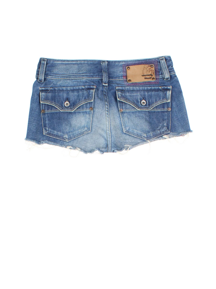 Y2K Diesel Denim Mini Shorts in blue colourway with pockets and the logo embroidered on the back.