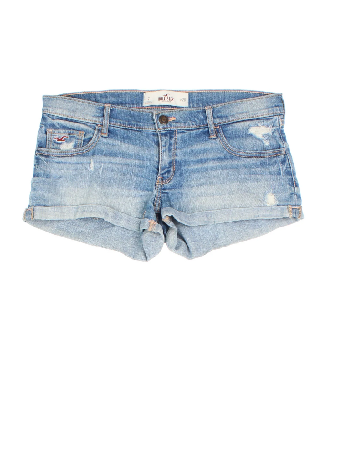 Y2K Hollister Denim Mini Shorts in blue colourway with pockets and the logo embroidered on the back.