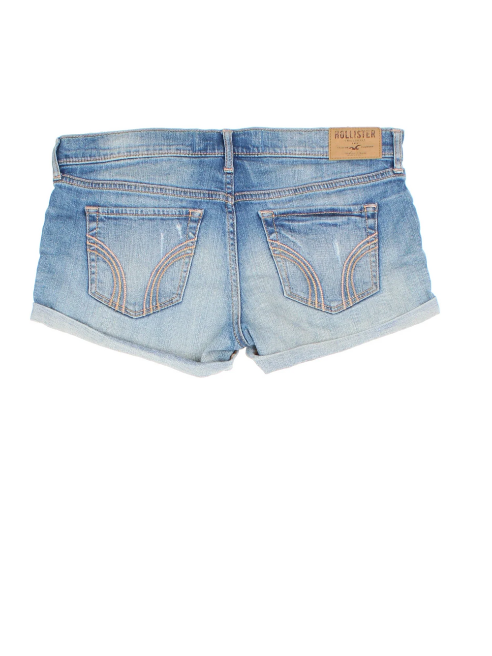 Y2K Hollister Denim Mini Shorts in blue colourway with pockets and the logo embroidered on the back.