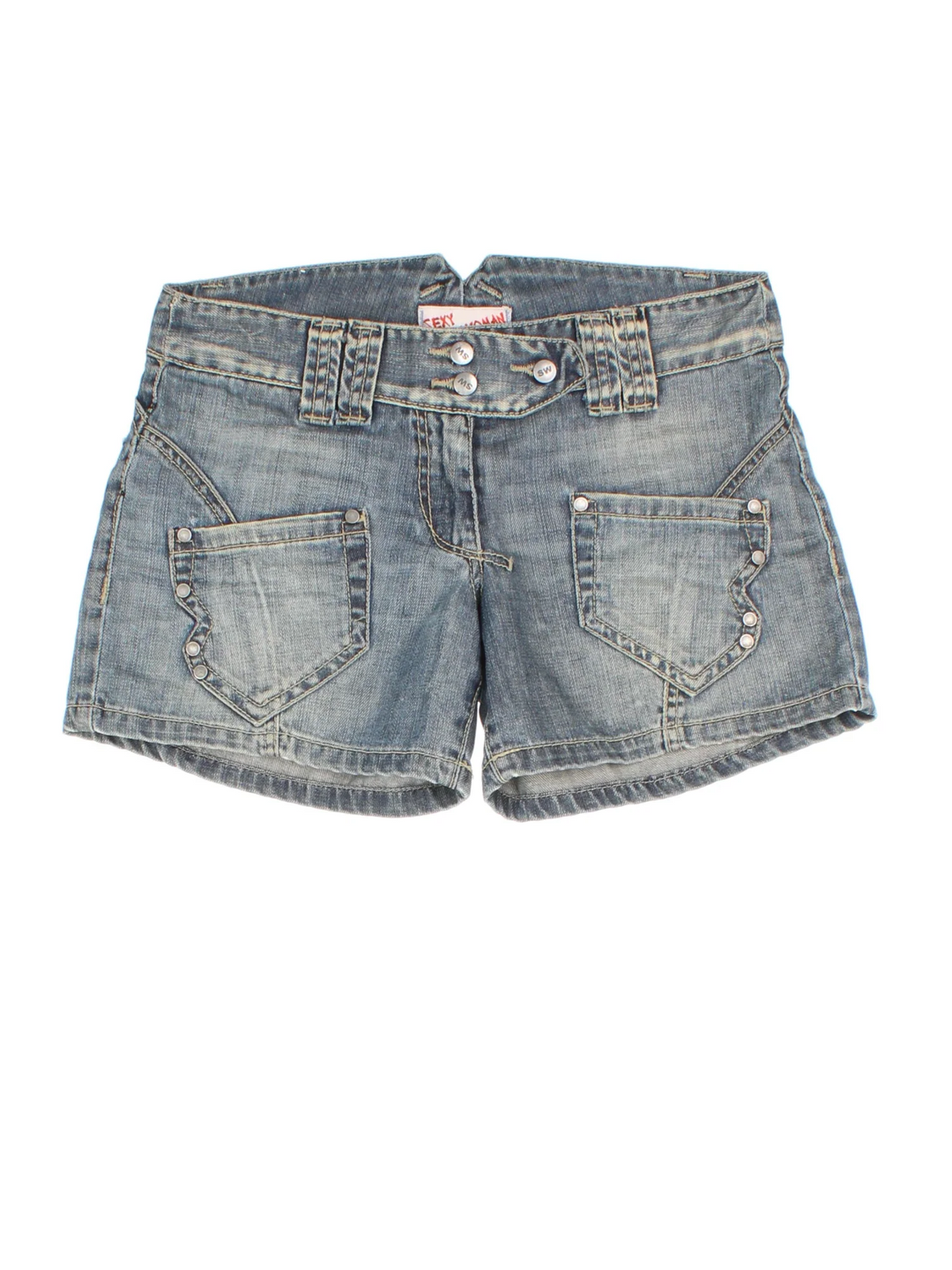 Y2K Sexy Woman Denim Shorts in blue colourway with pockets and the logo embroidered on the back.