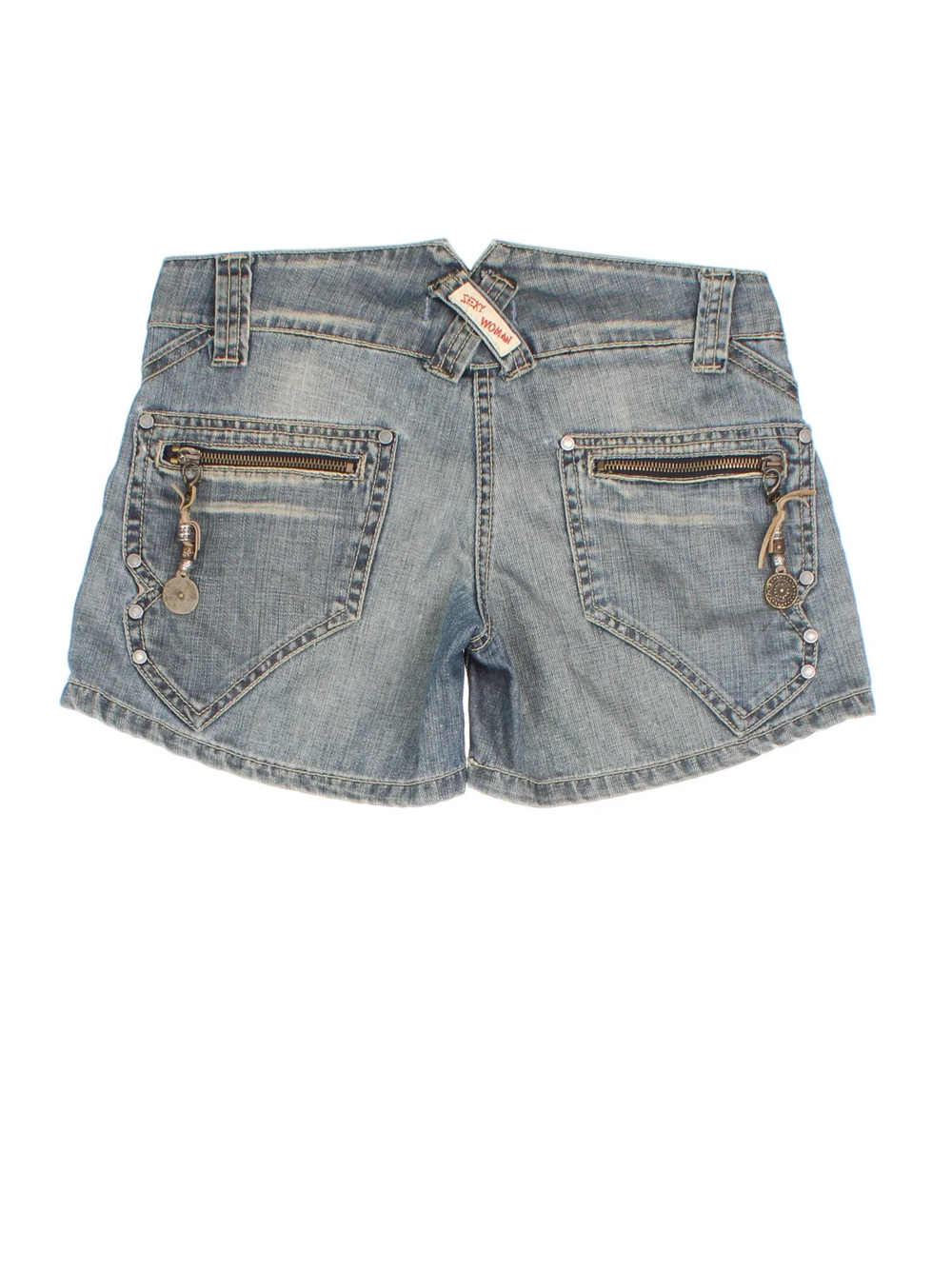 Y2K Sexy Woman Denim Shorts in blue colourway with pockets and the logo embroidered on the back.