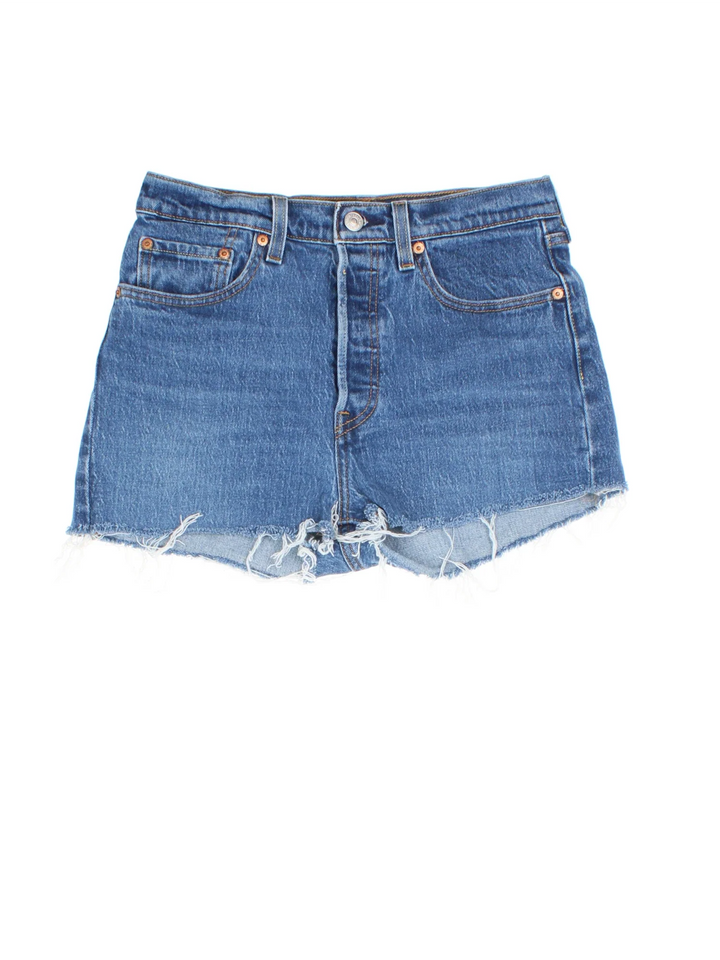 Levi Strauss Denim Shorts in blue colourway with pockets and the logo embroidered on the back.