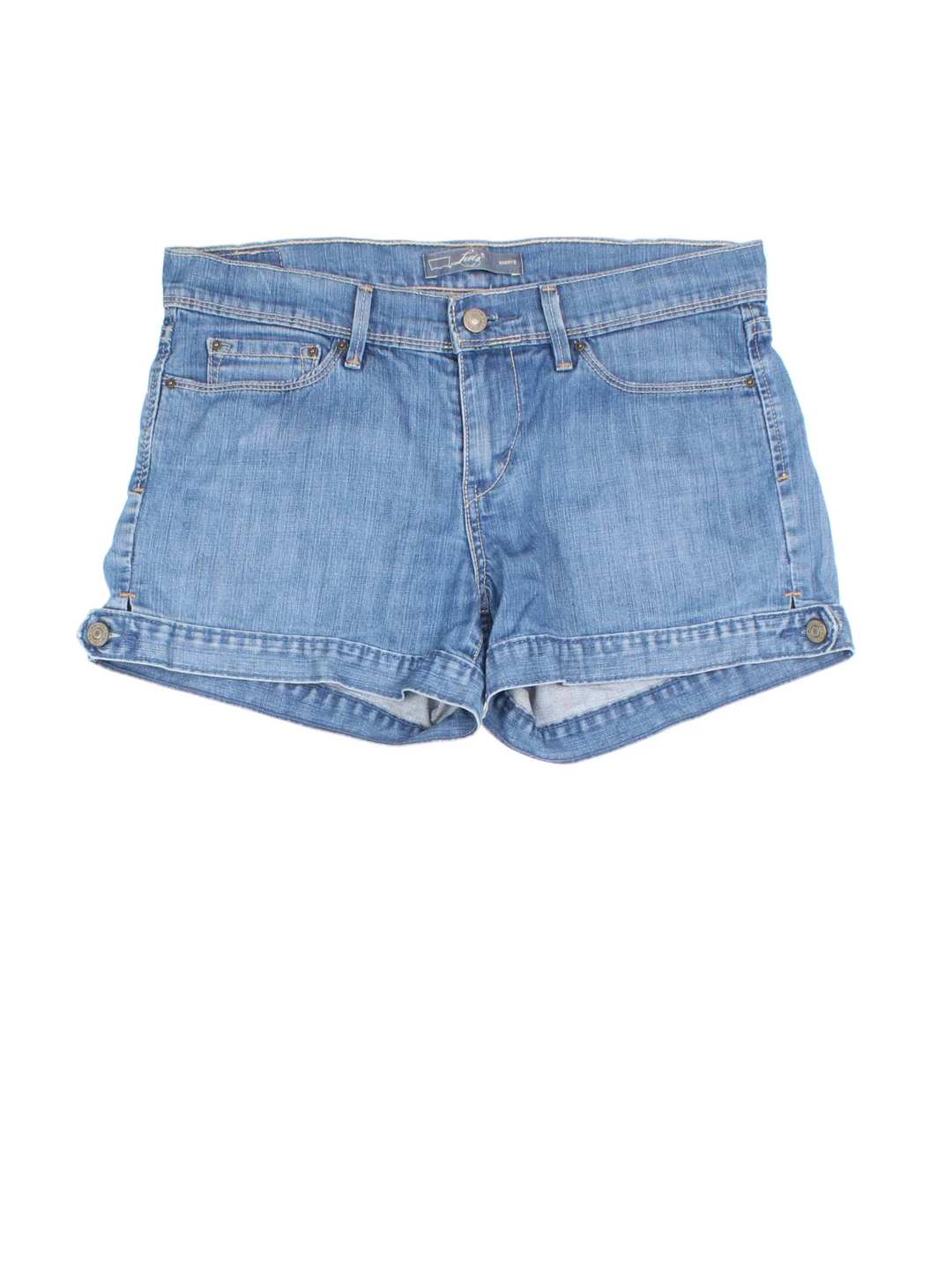 Levi Strauss Denim Shorts in blue colourway with pockets and the logo embroidered on the back.
