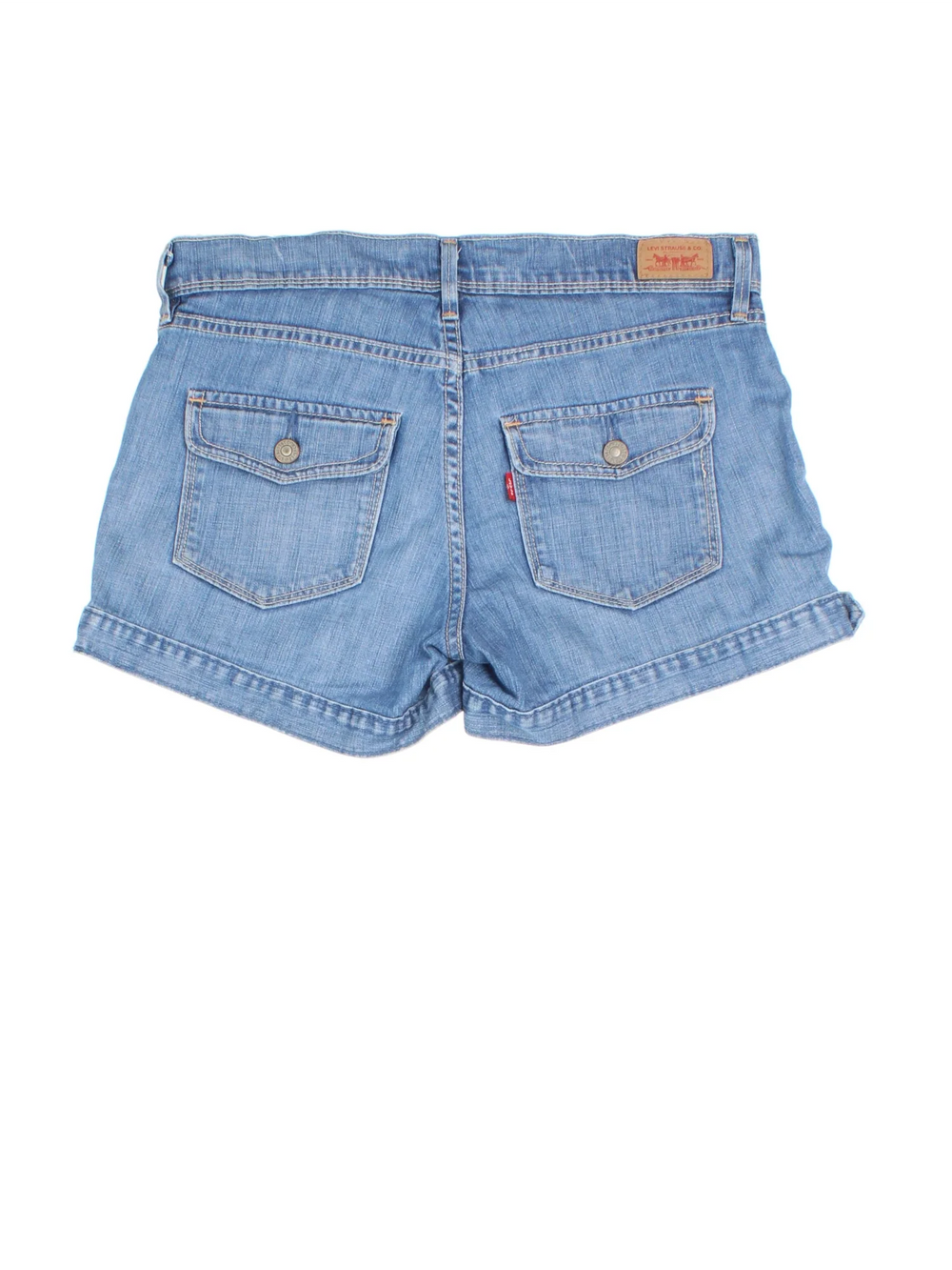 Levi Strauss Denim Shorts in blue colourway with pockets and the logo embroidered on the back.
