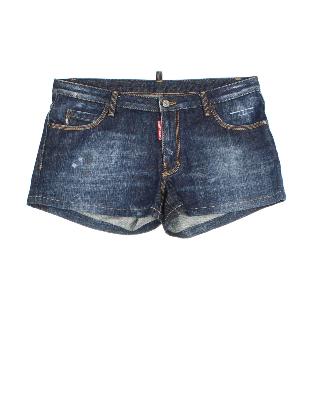 Y2K Dsquared Denim Mini Shorts in blue colourway with pockets and the logo embroidered on the back.