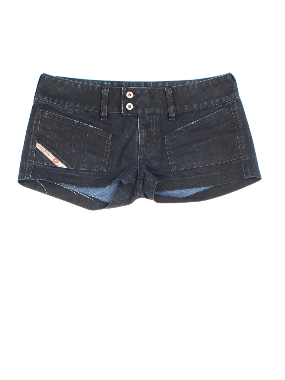 Y2K Diesel Denim Mini Shorts in navy black colourway with pockets and the logo embroidered on the front.