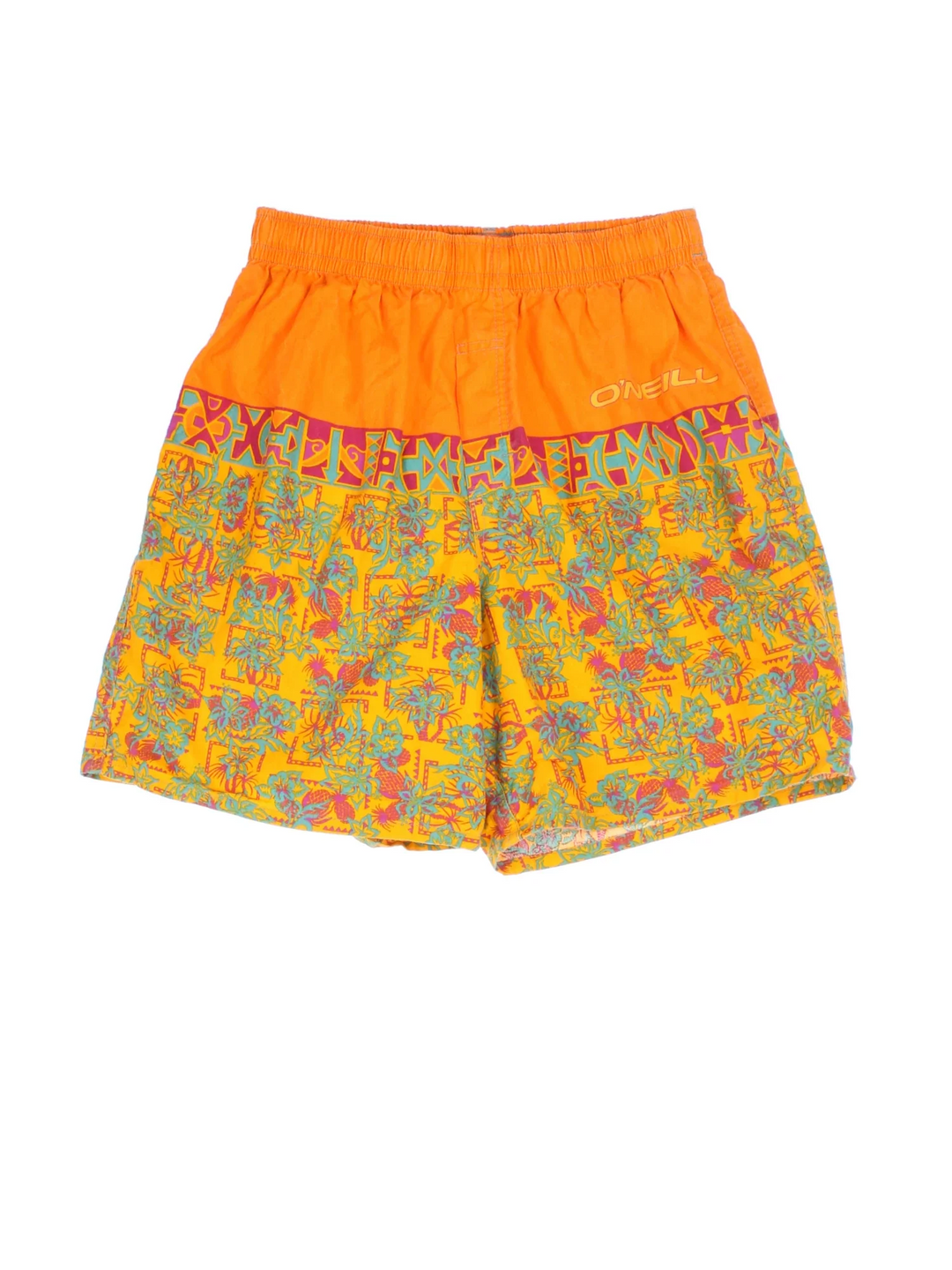 Vintage O'neill Tropical Swim Shorts in orange colourway with tropical patterns all over, has aelasticated waist with drawstring, mesh lining, and the logo printed on the front.