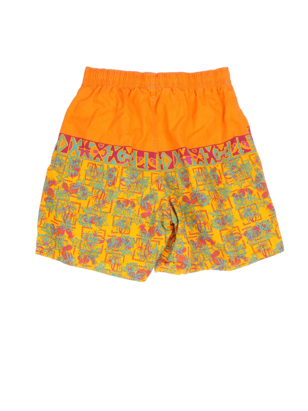 Vintage O'neill Tropical Swim Shorts in orange colourway with tropical patterns all over, has aelasticated waist with drawstring, mesh lining, and the logo printed on the front.
