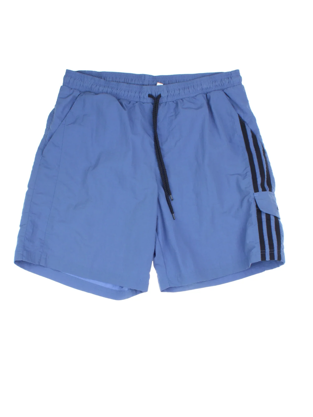 Vintage Adidas Swim Shorts in blue colourway with pockets, elasticated waist with drawstring, mesh lining, and the logo embroidered on the left side.