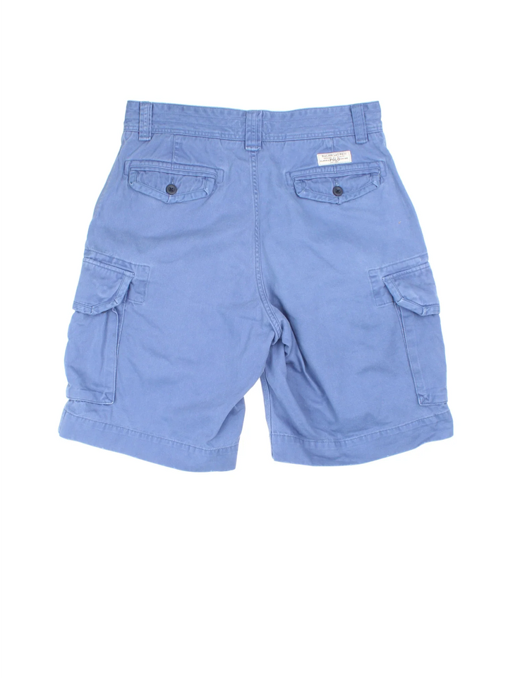 Vintage Ralph Lauren shorts in blue colourway with multiple pockets and the logo embroidered on the back.