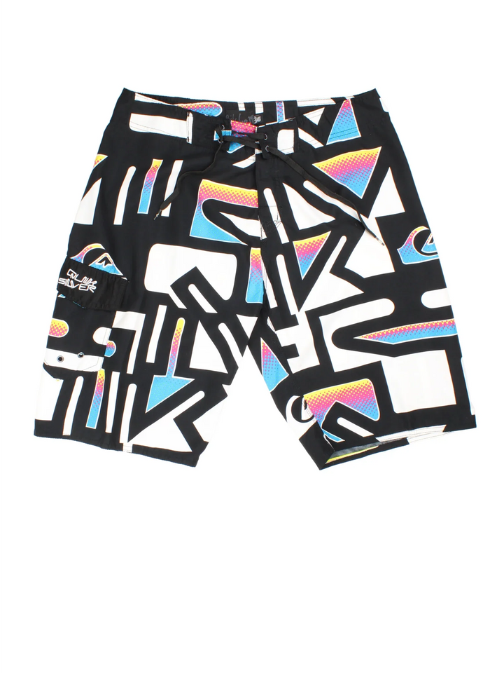 Vintage Quicksilver Board Shorts in black/white colourway with tie waist, all over print and the logo embroidered on the front/side.