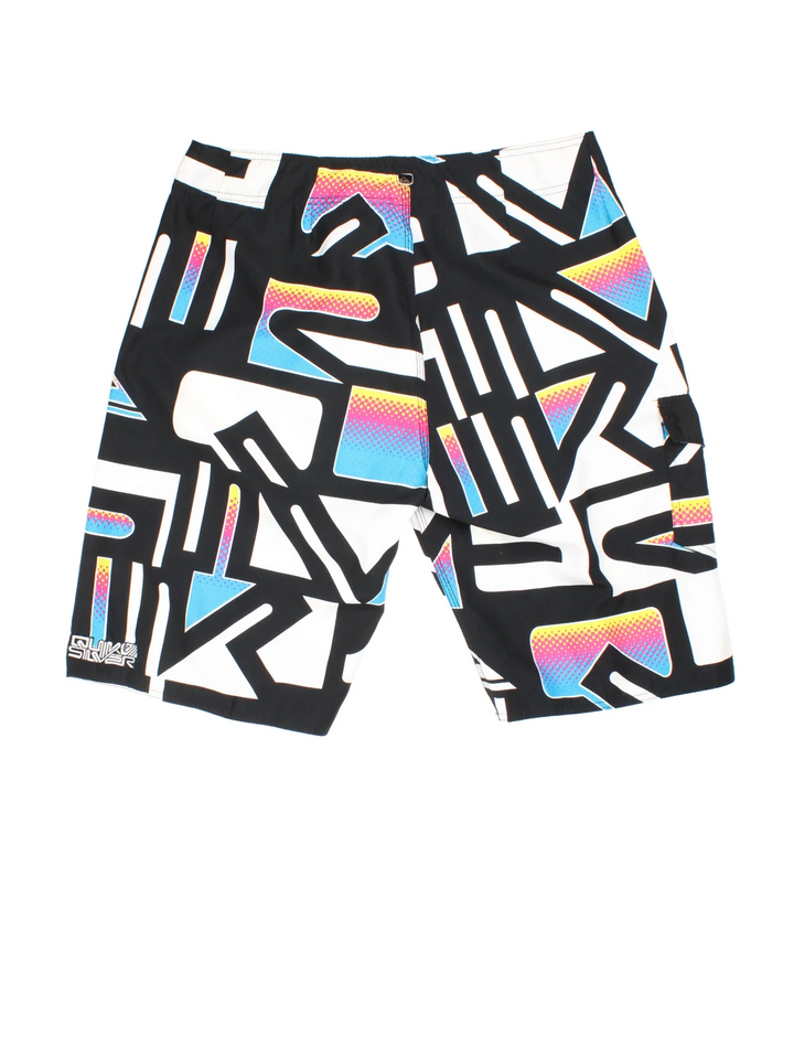 Vintage Quicksilver Board Shorts in black/white colourway with tie waist, all over print and the logo embroidered on the front/side.