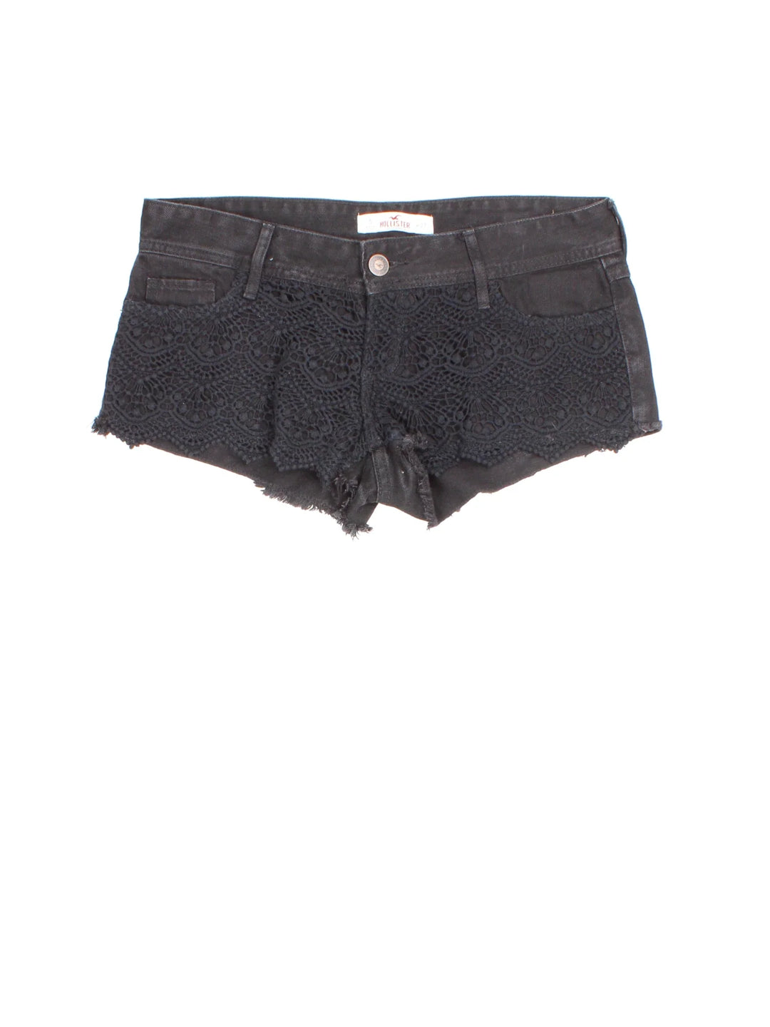 Y2K Denim Shorts in black colourway with zip button waist, multiple pockets and lace overlay detail.