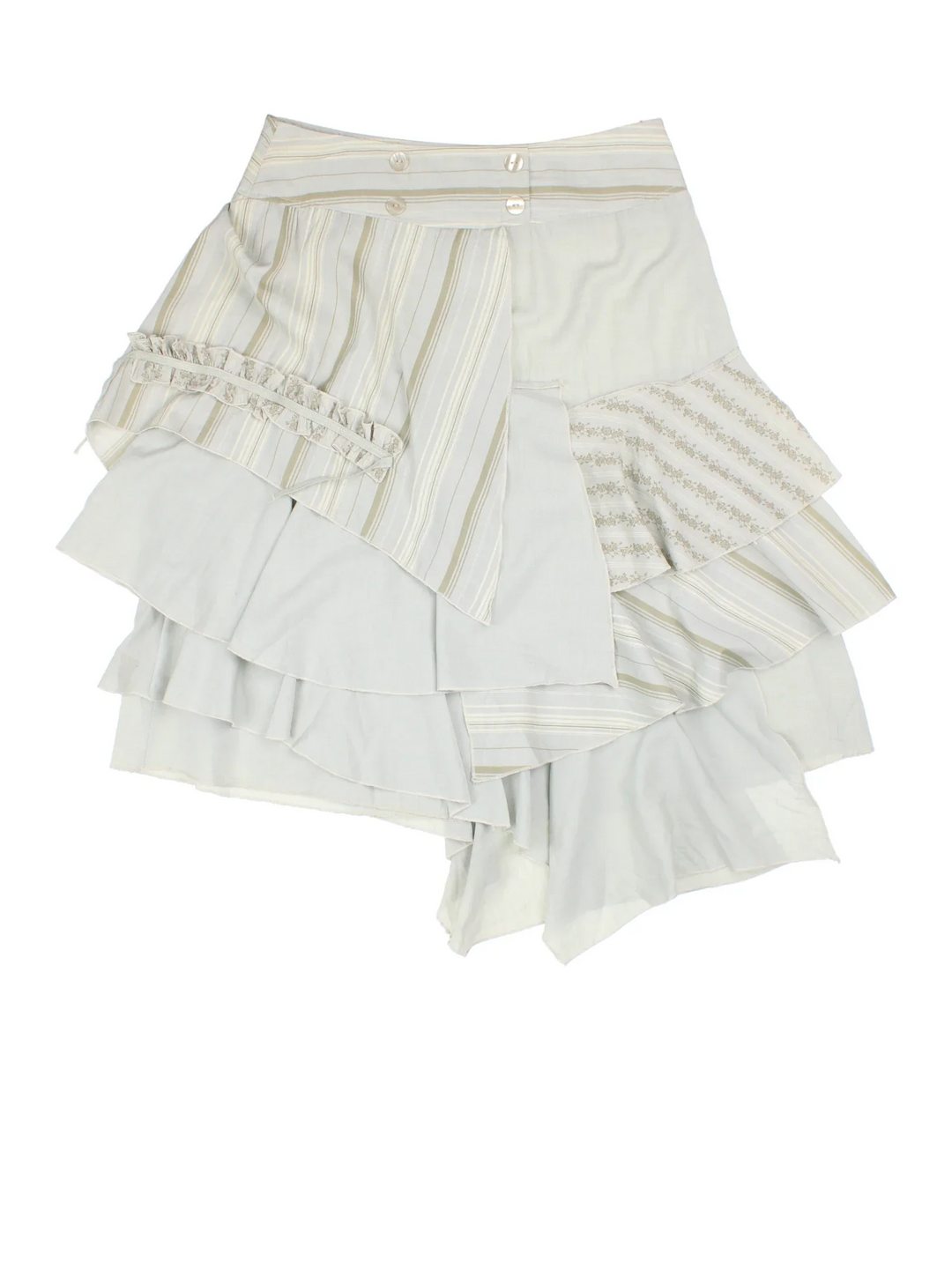 Y2K Asymmetrical Skirt in green colourway. Side zip fastening, with multi layer frill and button detail.