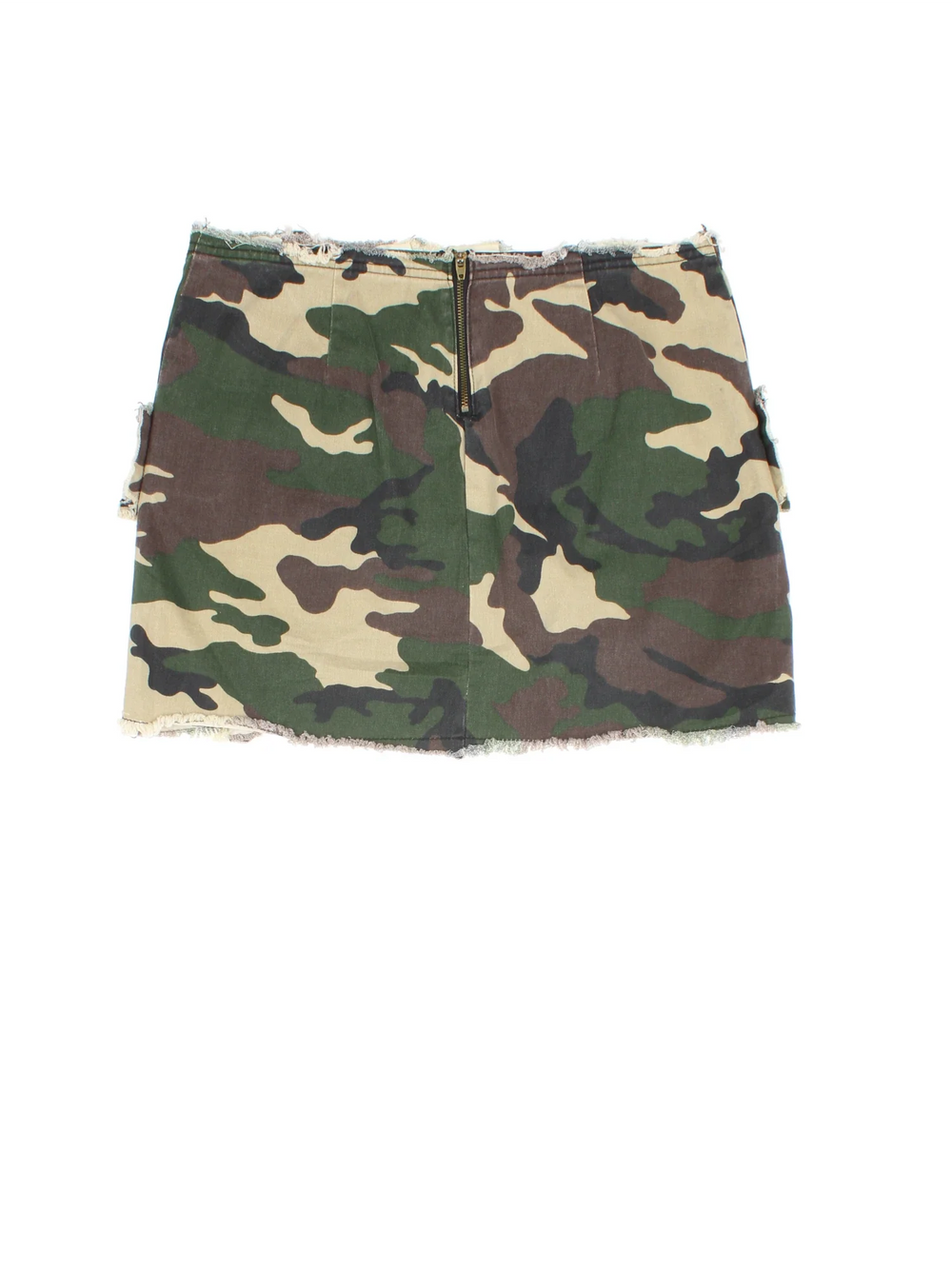 Y2K Camo Union Jack Skirt in green colourway. Back zip fastening, with frayed Union Jack detail on front.