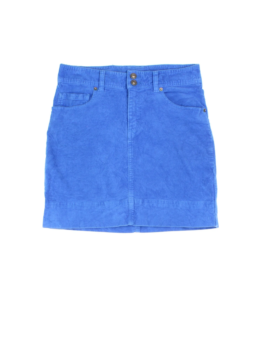 Patagonia Corduroy Skirt in blue colourway. Front zip/button fastening, with multiple pockets and embroidered branding on back.