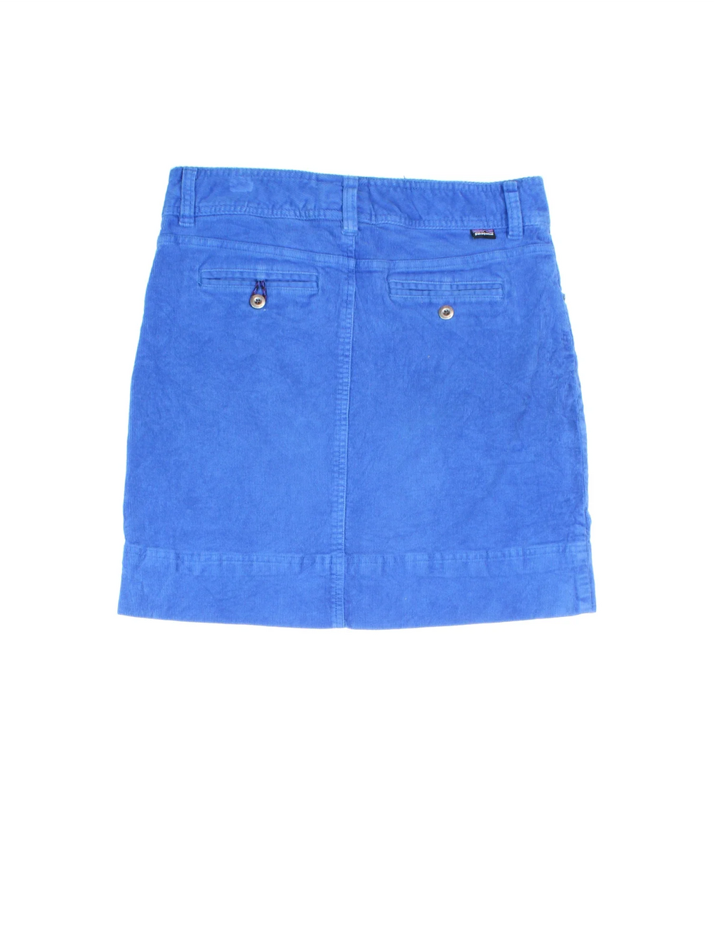 Patagonia Corduroy Skirt in blue colourway. Front zip/button fastening, with multiple pockets and embroidered branding on back.