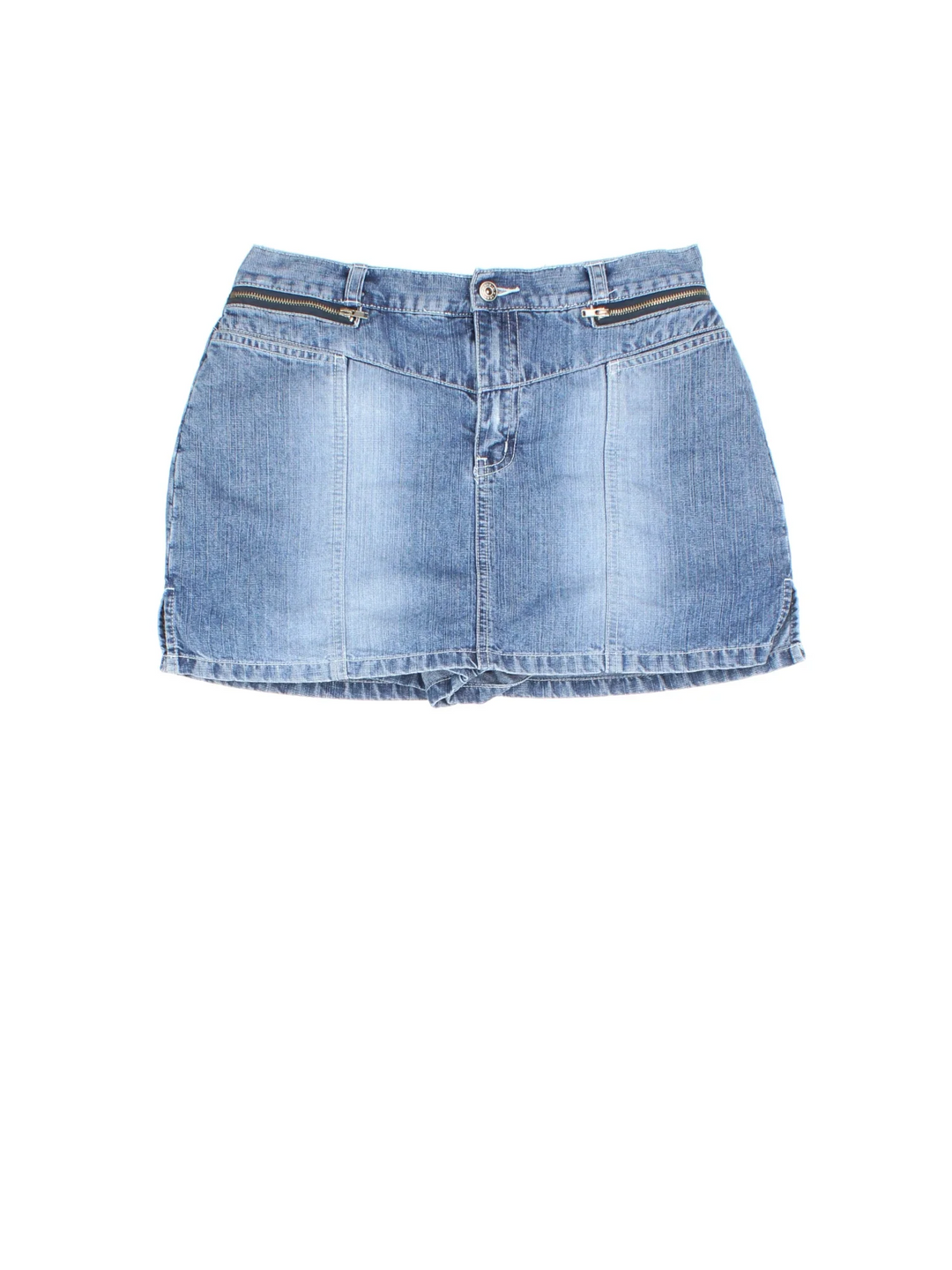 Y2K Denim Skort in blue colourway. Front zip/button fastening, with multiple pockets and built in shorts underneath.