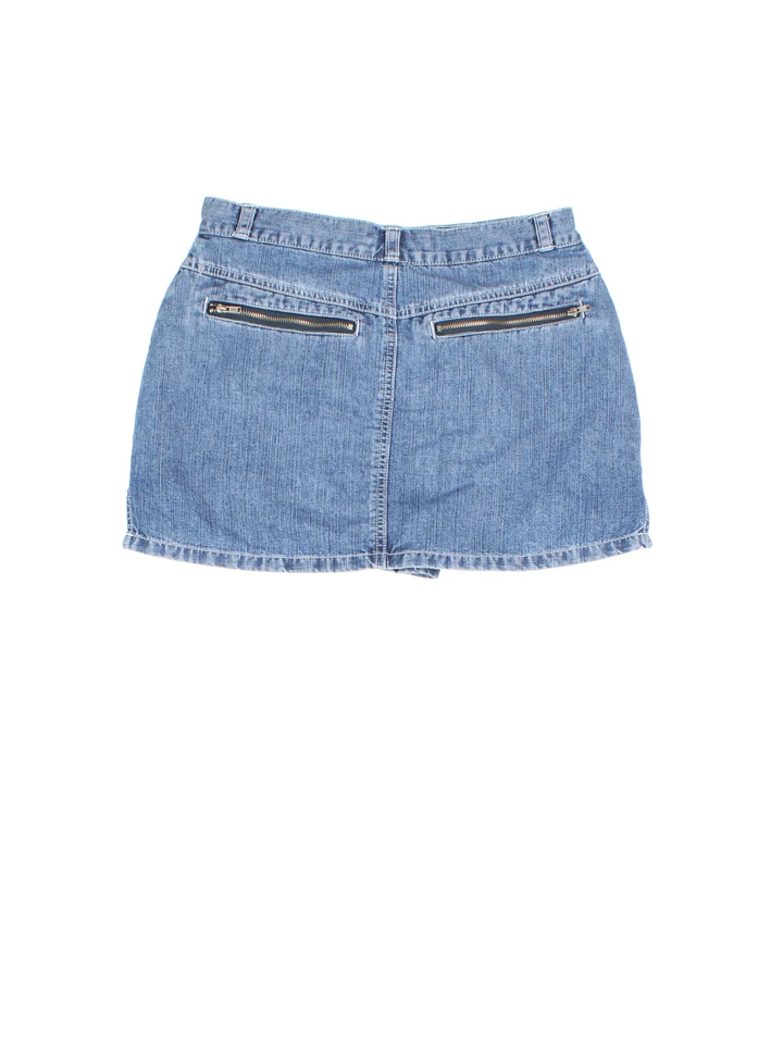 Y2K Denim Skort in blue colourway. Front zip/button fastening, with multiple pockets and built in shorts underneath.