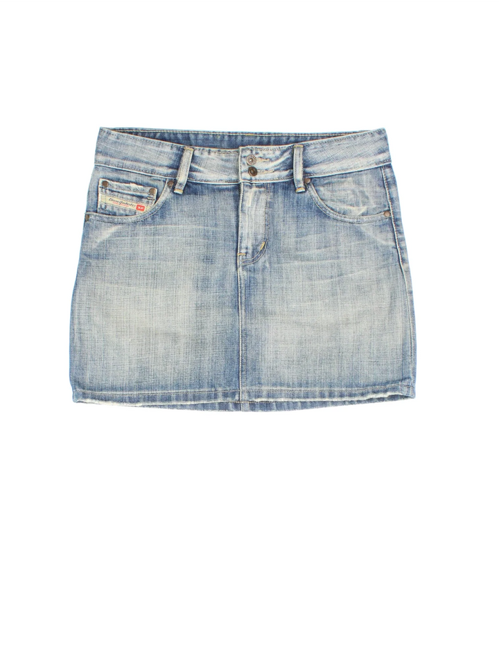 Diesel Denim Skirt in blue colourway. Front zip/button fastening, with multiple pockets and branded embroidery on front and back.