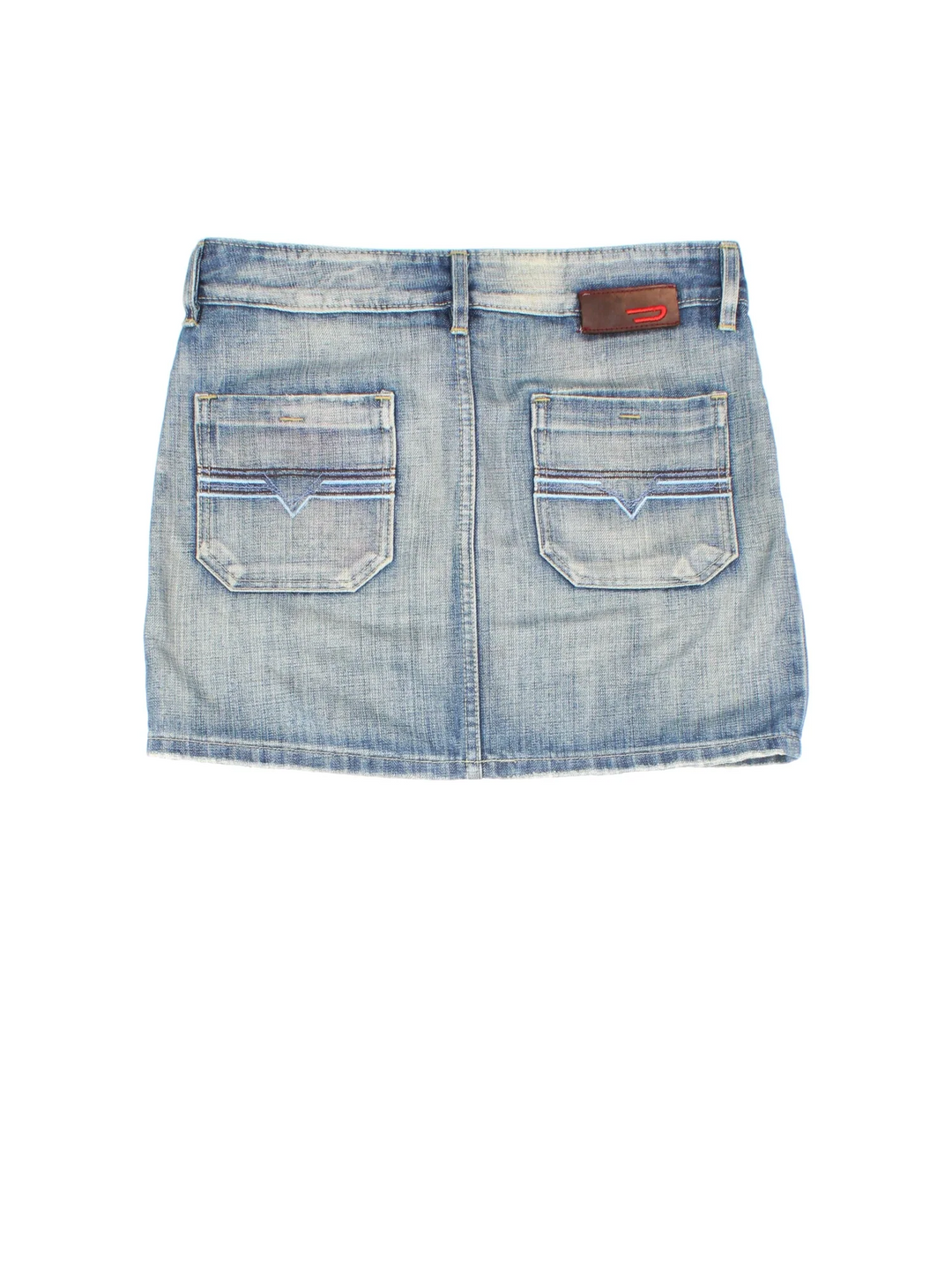 Diesel Denim Skirt in blue colourway. Front zip/button fastening, with multiple pockets and branded embroidery on front and back.