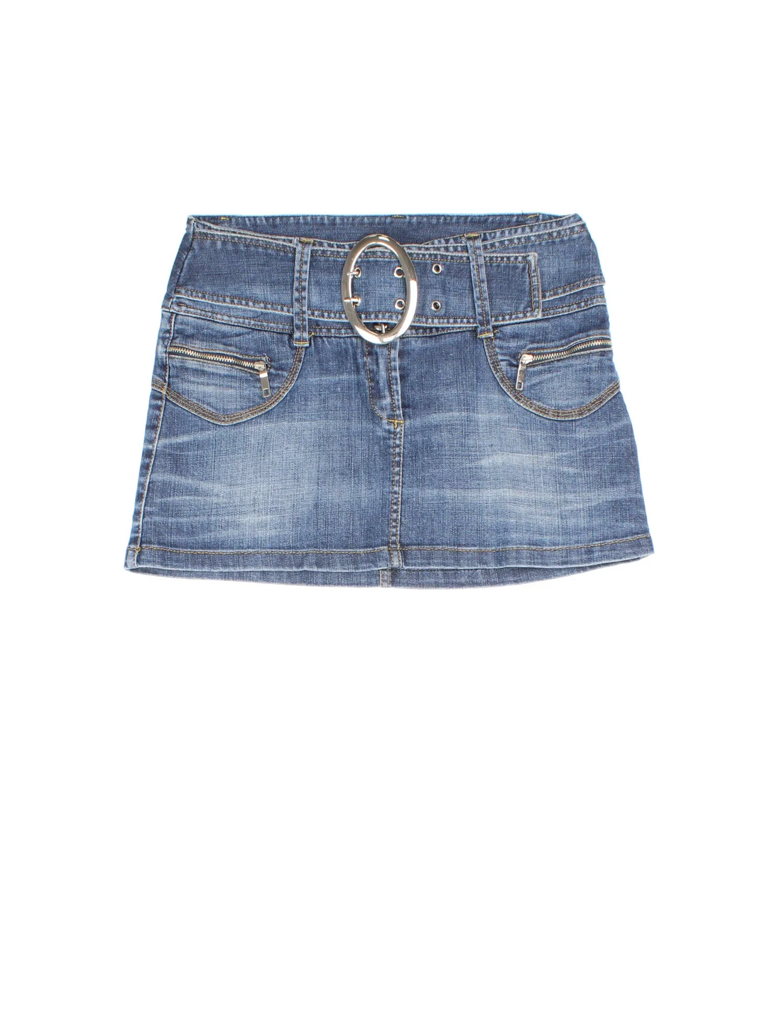 Y2K Denim Skirt in blue colourway. Front zip/button fastening, with multiple pockets and silver belt detail.