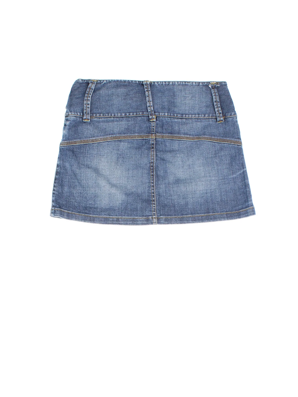 Y2K Denim Skirt in blue colourway. Front zip/button fastening, with multiple pockets and silver belt detail.