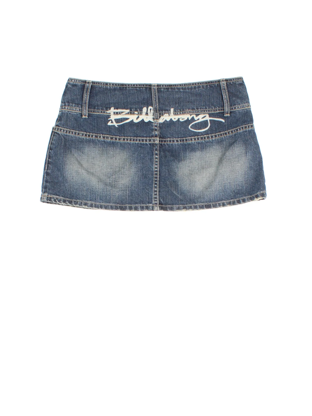Y2K Billabong Denim Skirt in blue colourway. Front zip/button fastening, with multiple pockets and branding detail on back.