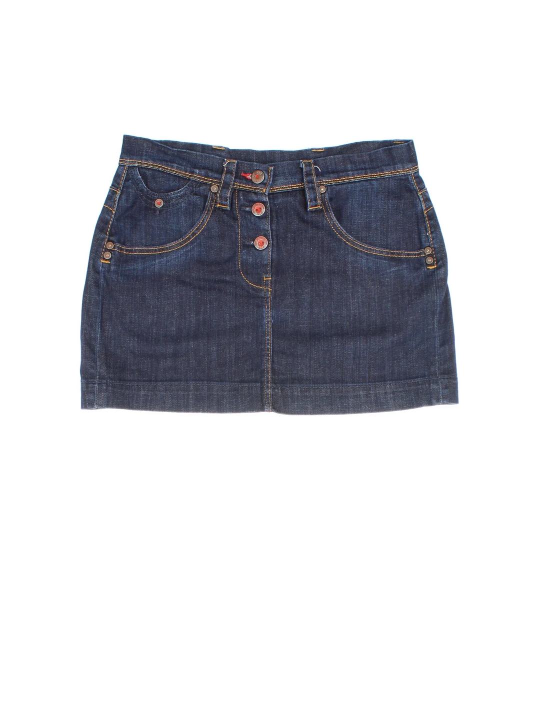 Levi Strauss Denim Mini Skirt in blue colourway. Front zip/button fastening, with multiple pockets and branding detail on back.