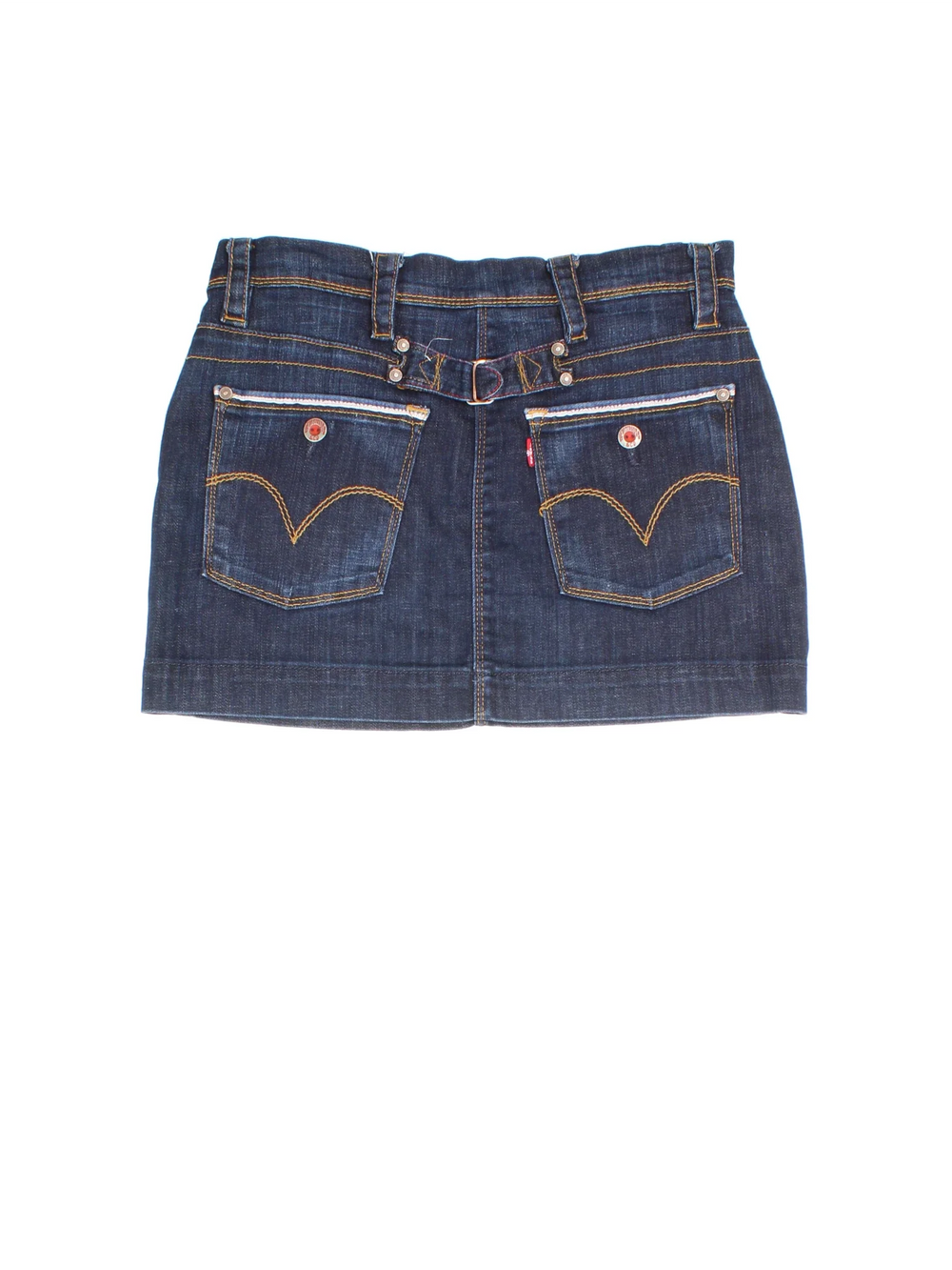 Levi Strauss Denim Mini Skirt in blue colourway. Front zip/button fastening, with multiple pockets and branding detail on back.