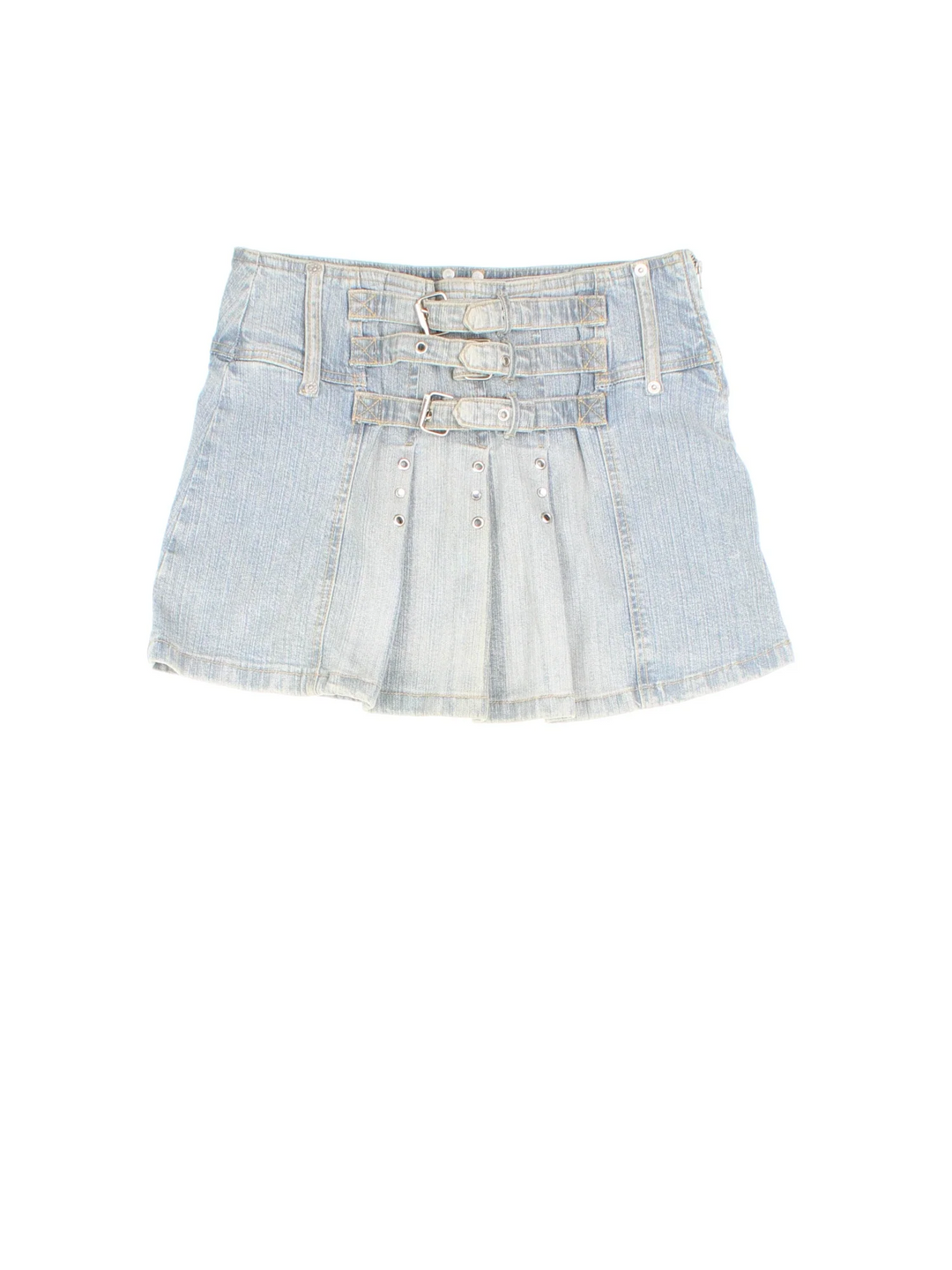 Y2K Morgan Denim Mini Skirt in blue colourway. Side zip fastening, with front buckle/diamante detail and branding ermbroidered on back.