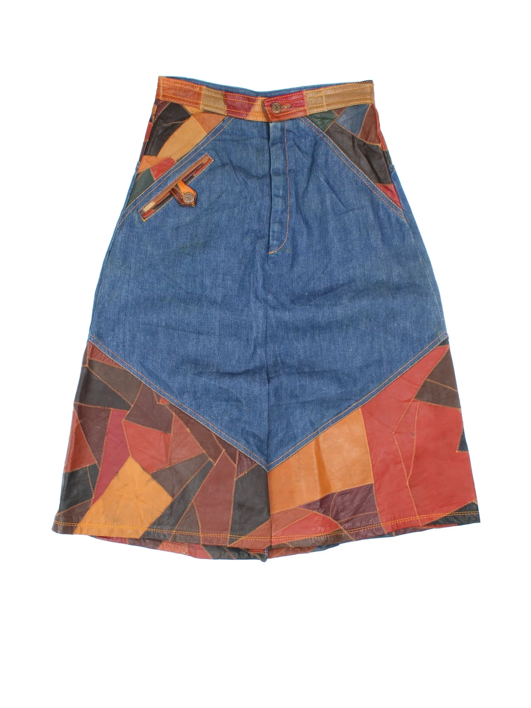 Vintage 70's Patchwork Midi Skirt in blue/brown colourway. Front zip fastening, with side pockets and leather patchwork detail.