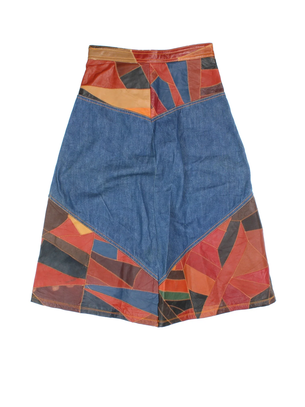 Vintage 70's Patchwork Midi Skirt in blue/brown colourway. Front zip fastening, with side pockets and leather patchwork detail.