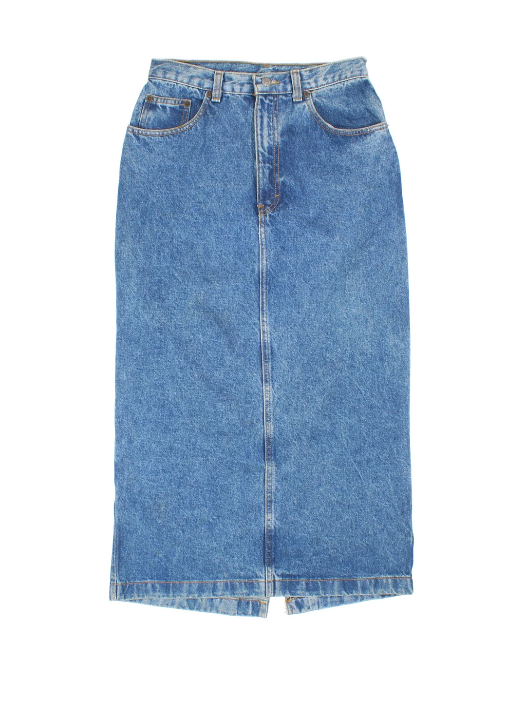 90's Calvin Klein Denim Maxi Skirt in blue colourway. Front zip fastening, with side pockets and leather patch branding.