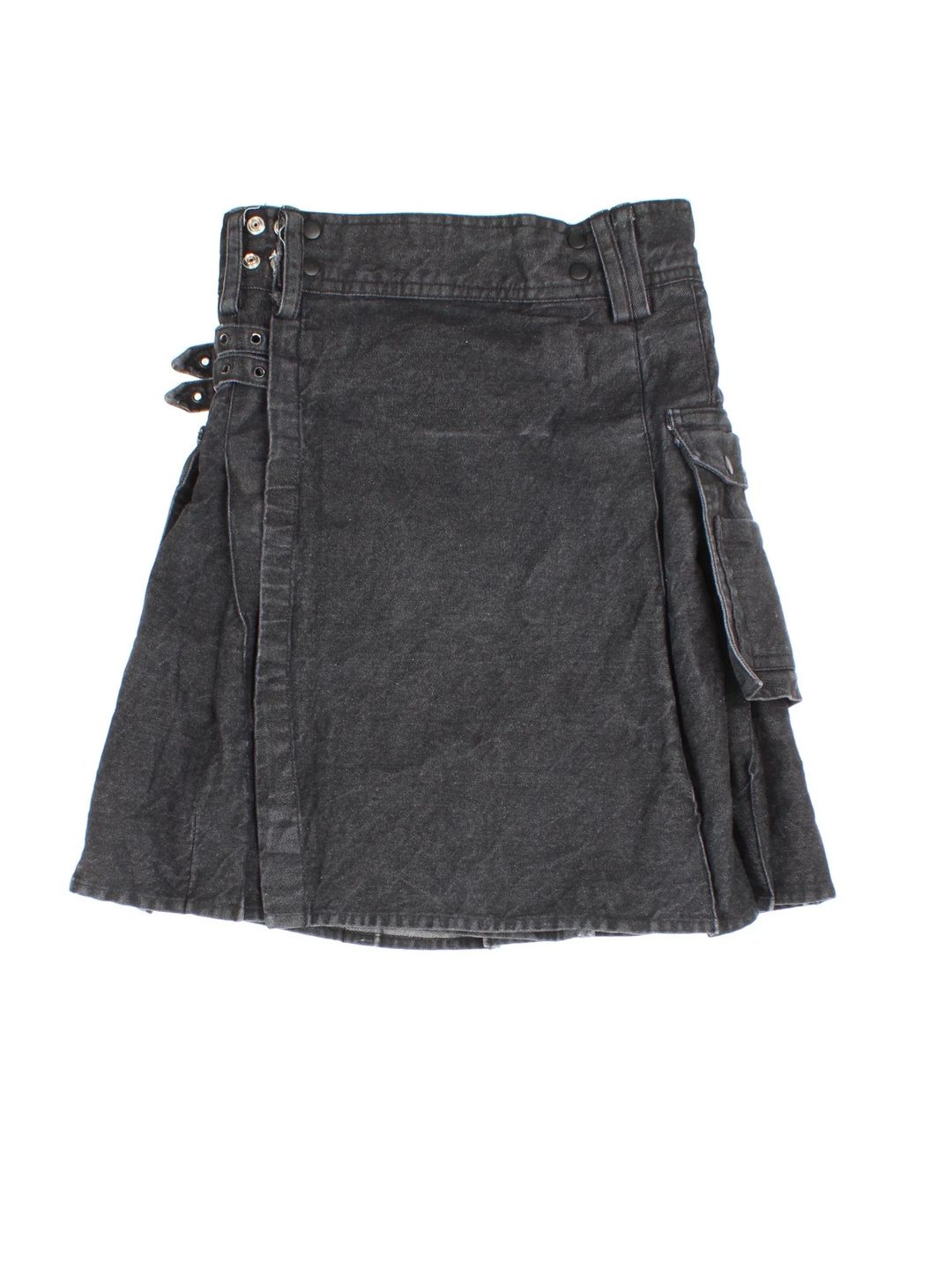 Y2K Denim Kilt in black colourway. Wrap around fastening, with buckle, pocket and pleat detail.