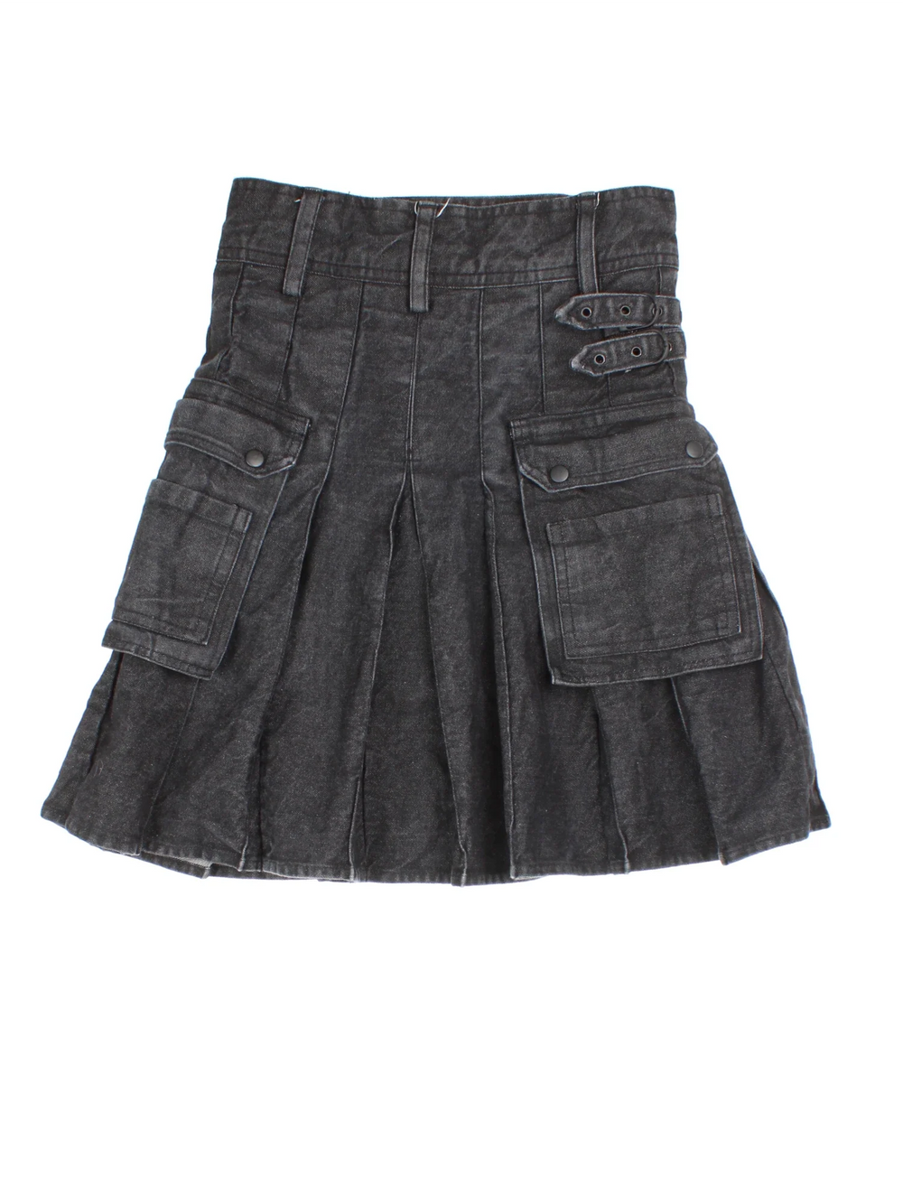 Y2K Denim Kilt in black colourway. Wrap around fastening, with buckle, pocket and pleat detail.