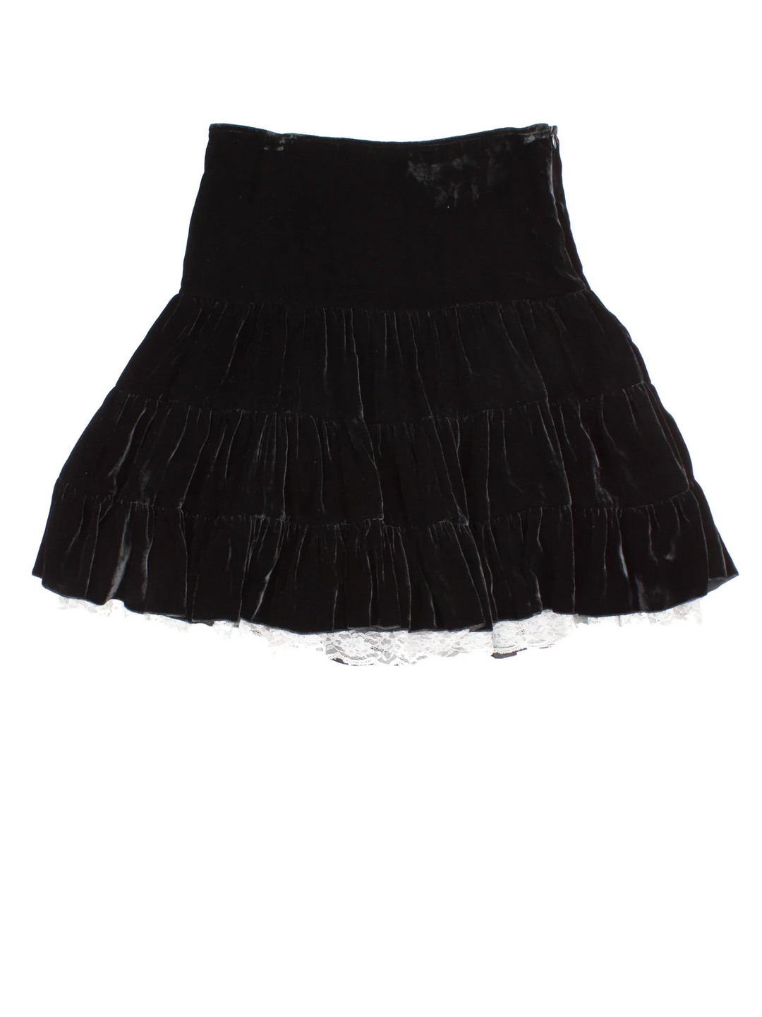 Y2K Velvet Midi Skirt in black colourway. Elasticated waist, with attached silk/lace under layer.
