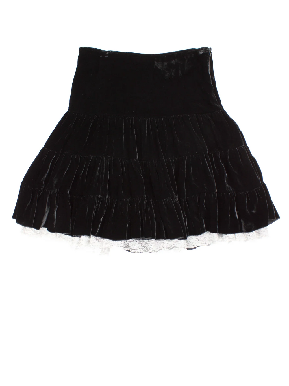 Y2K Velvet Midi Skirt in black colourway. Elasticated waist, with attached silk/lace under layer.