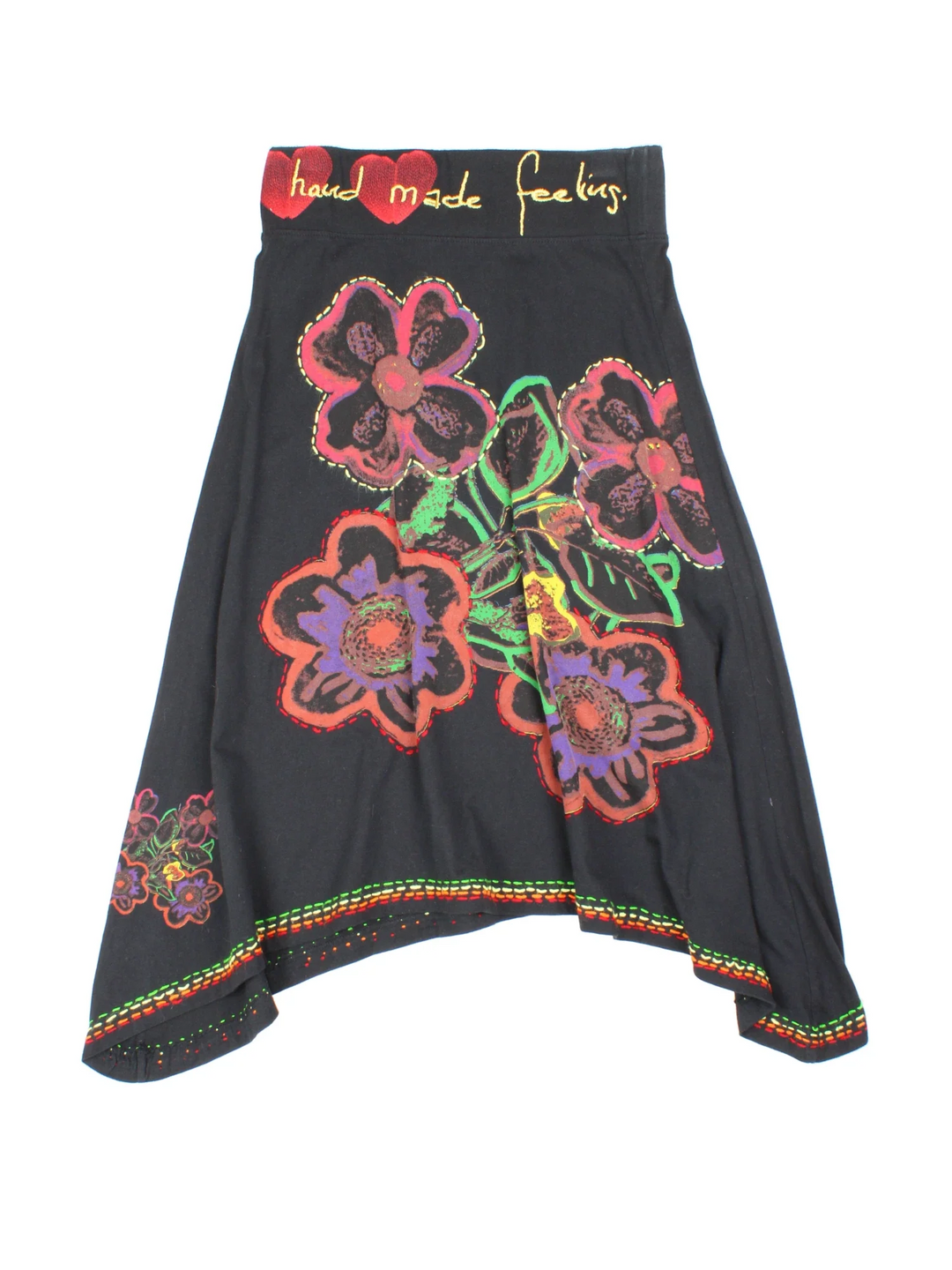 Y2K Desigual Asymmetrical Skirt in black colourway. Printed/embroidered floral pattern and branding on back.