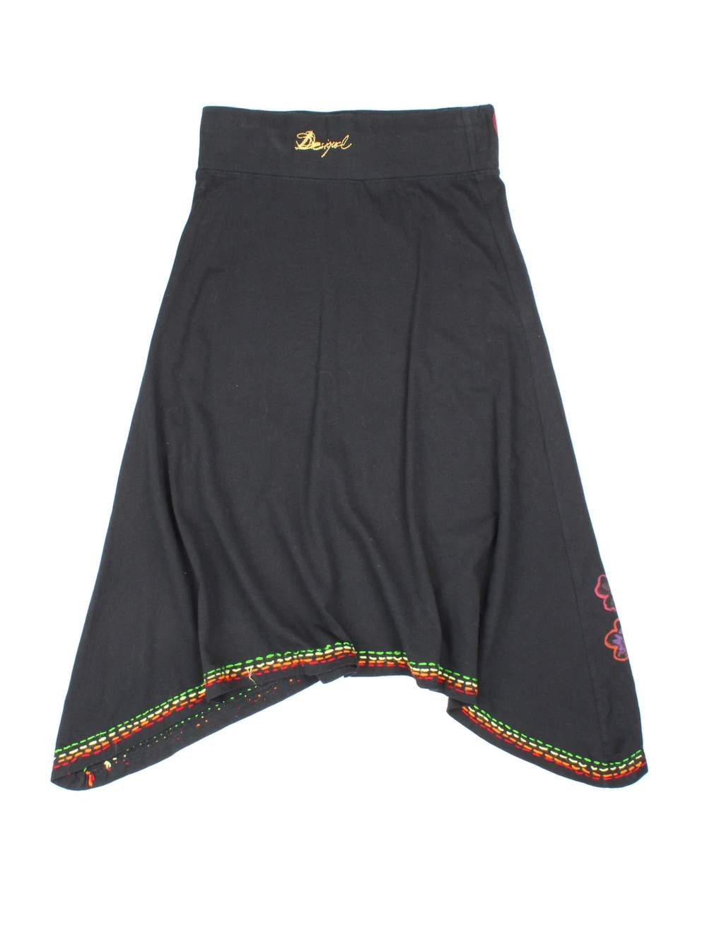 Y2K Desigual Asymmetrical Skirt in black colourway. Printed/embroidered floral pattern and branding on back.