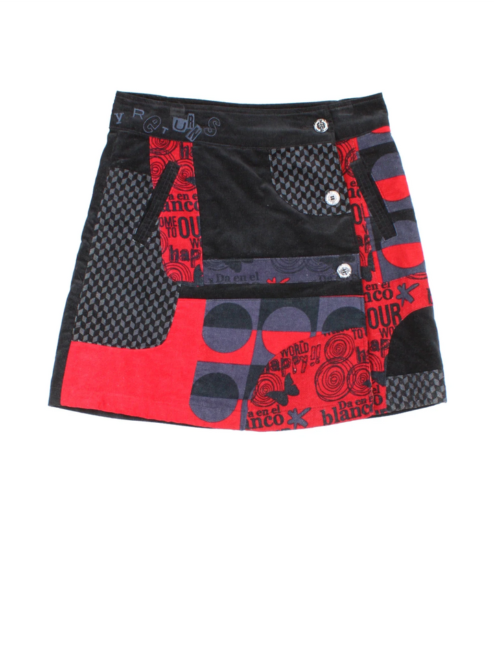 Y2K Desigual Mini Skirt in black/red colourway. Wrap around button fastening, printed/embroidered patchwork pattern and branding on back.