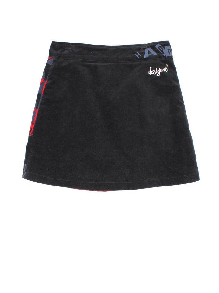 Y2K Desigual Mini Skirt in black/red colourway. Wrap around button fastening, printed/embroidered patchwork pattern and branding on back.