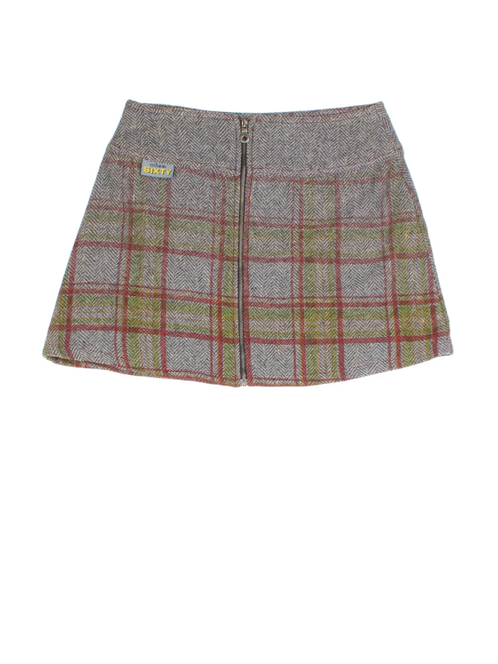Y2K Miss Sixty Mini Skirt in grey plaid colourway. Zip through fastening and embroidered branding on front.