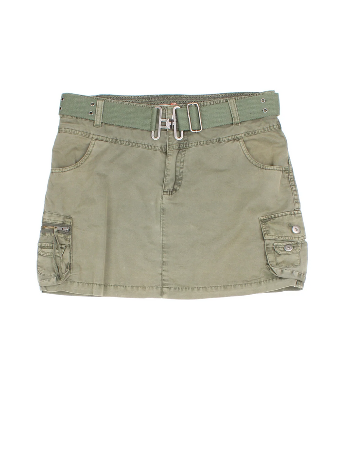 Vintage Y2K Cargo Mini Skirt in green colourway with multiple pockets, zip/button fastening and detachable military belt.
