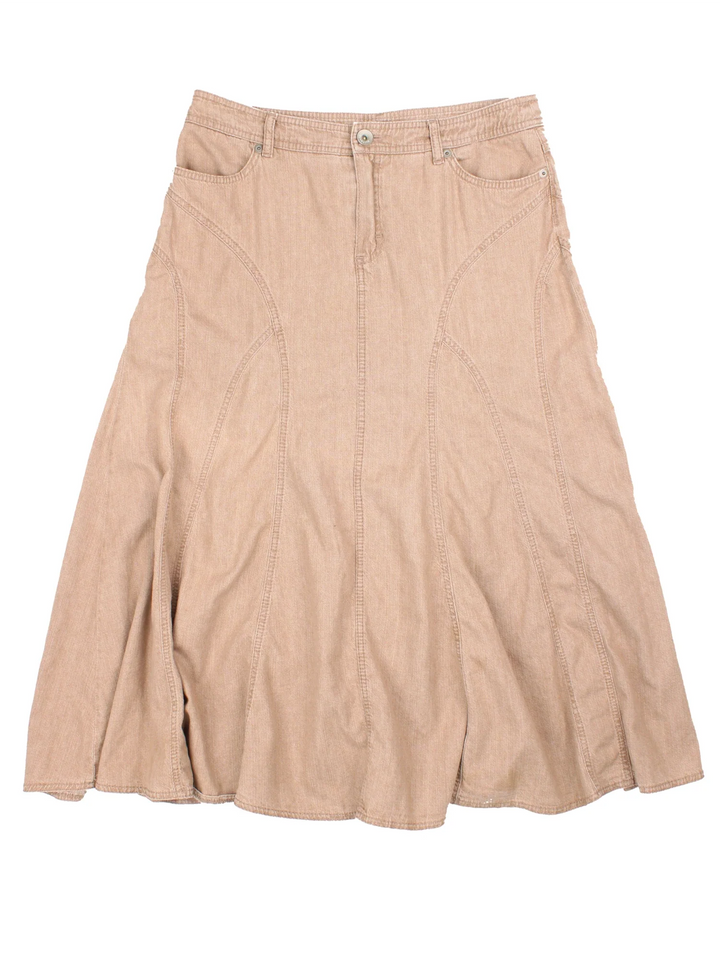Vintage Y2K Midi Skirt in tan colourway with panel detailing and zip button fastening .
